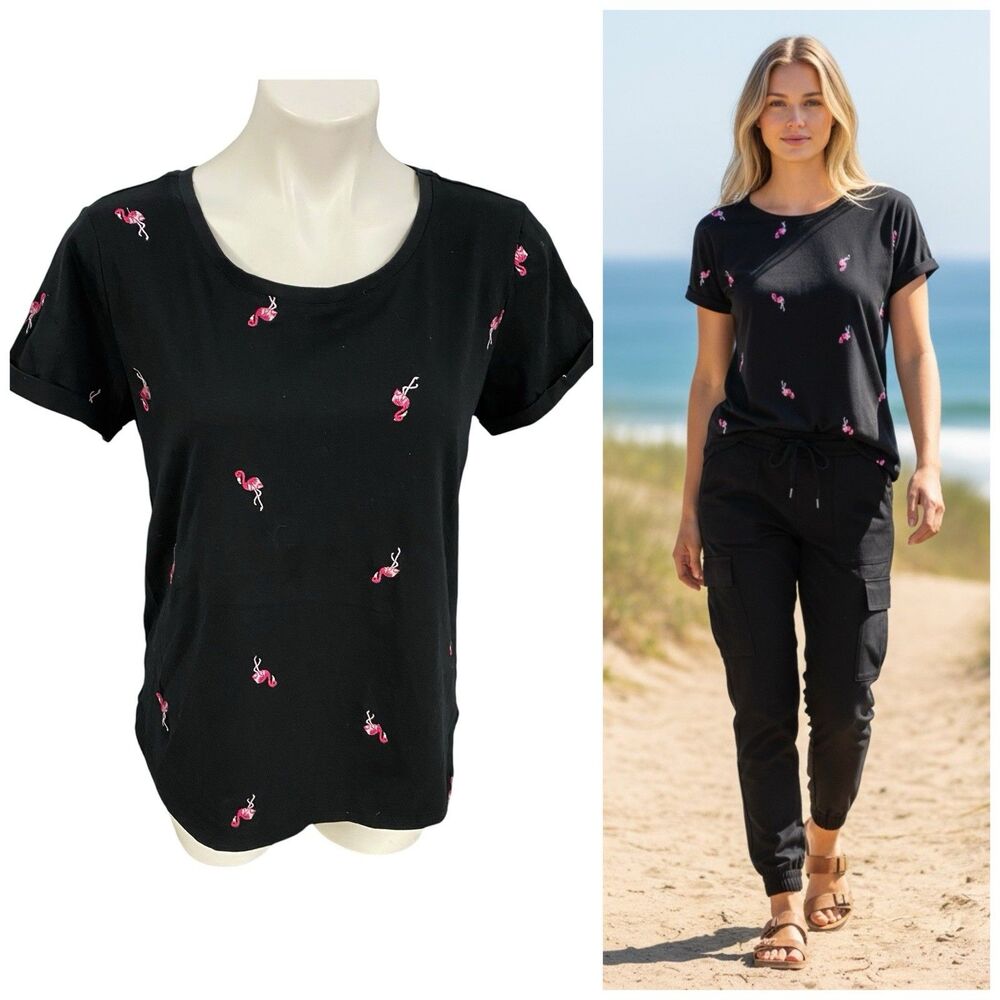 Vintage America Flamingo T Shirt Womens Medium Embroidered Top Tropical Resort